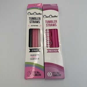 (2) Char Charms Tumbler Straws 30‎ Oz Tumblers Pink & Glitter Design 6-packs NEW